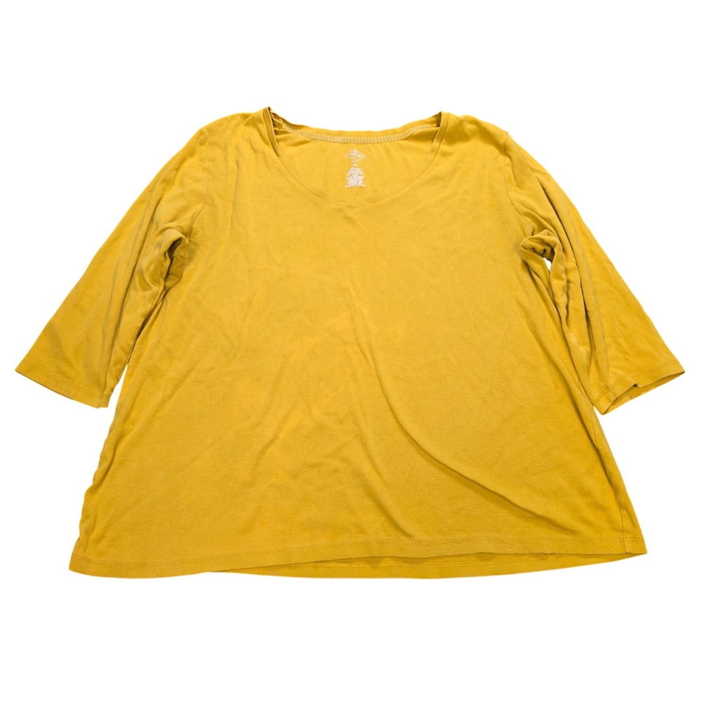 St. John's Bay 3/4 Sleeve Top Women's Size 2X Yellow Mustard V-Neck 100% Cotton